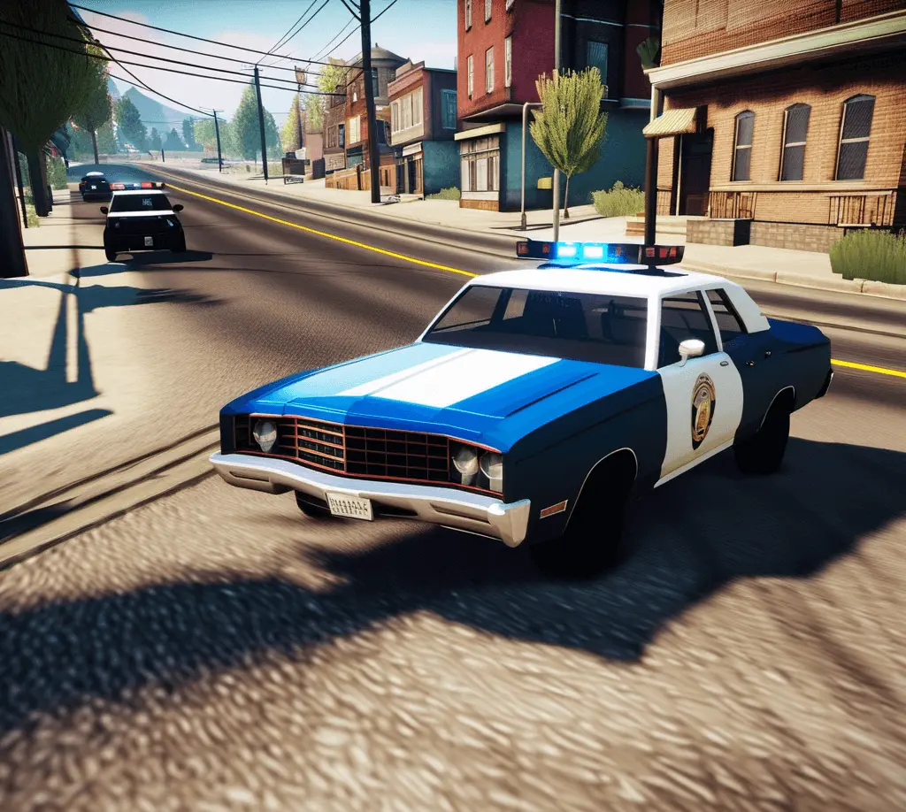 A CarX Street car with a police mod installed, chasing down a criminal.